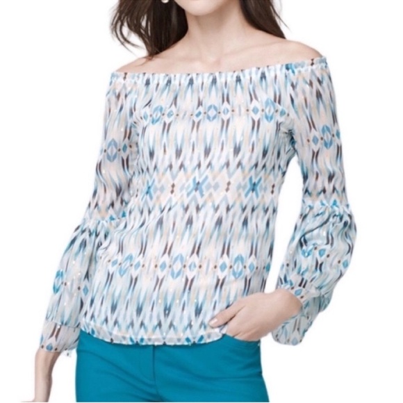 WHBM Off the Shoulder Bell Sleeve Blouse Metallic Threads Teal Blue Size L - Picture 4 of 14